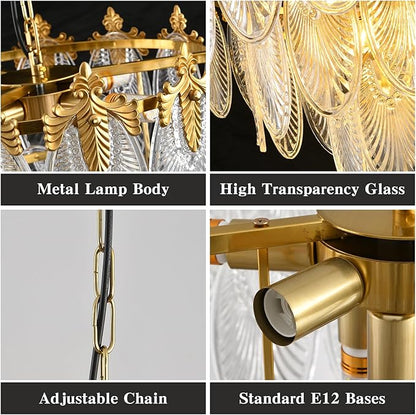 KELUOLY Modern Large Crystal Chandelier, 4-Layer Gold Glass Chandelier, 12 Light Round Antique Ceiling Pendant Light, 31.5 Inchs Adjustable Height for Foyer, Living Room, Bedroom, Dining Room