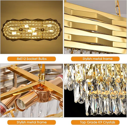 Gold Modern Crystal Chandeliers for Dining Room 8-Light Gold Chandelier Living Room Dining Room Chandelier Oval Ceiling Hanging Light Pendant Light Fixture for Kitchen Island Bar L32 inch