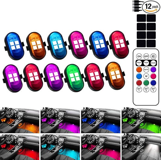 Upgraded Wireless LED Lights for Car, Rechargeable Interior Car Lights with 8 Colors Brightness Adjustable, 12H Battery Life, Remote Control, Mini Strobe Lights for Vehicle Motorcycle Bike Decor