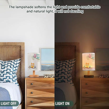 Table Lamp Cute Cartoon Owl with Baby Child on Tree Branch Nightstand Lamp with Wood Base Fabric Lamp Shade Bedside Desk Lamp for Living Room Bedroom Kids Room Office