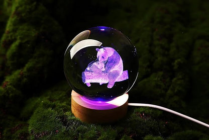 Crystal Ball Panda Family Night Light, 3.15 Inch K9 Crystal Glass Ball, 16 Color Change with Remote Control, Wooden Base Table Lamp, Birthday &