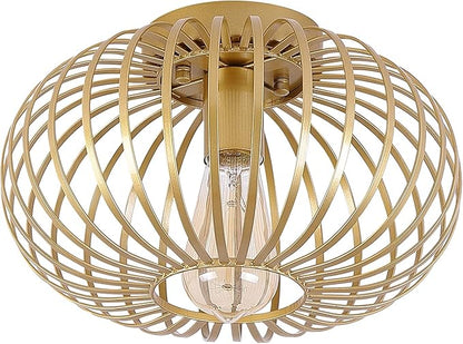 Fivess Lighting Modern Gold Flush Mount Light Fixture Metal Cage Single Semi Flush Mount Ceiling Light for Hallway Bedroom Kitchen Entryway Farmhouse