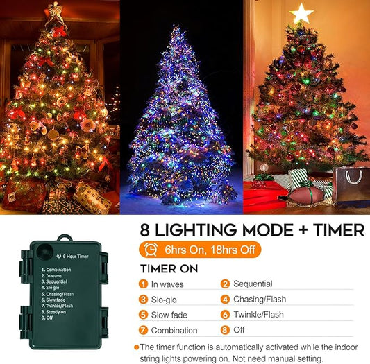 Battery Operated Christmas Lights, 33 FT 100 LED Mini String Lights with Timer and 8 Modes, Green Wire Outdoor Waterproof String Lights for Tree Xmas Indoor Holiday Party Garden Decor, Multicolor