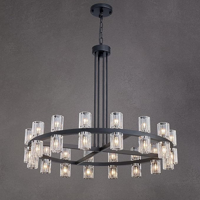 36" Black Wagon Wheel Crystal Chandelier for Dining Room Over Table, Modern Round K9 Crystal Ceiling Chandelier Pendant Light Ideal for Living Room Entryway Foyer