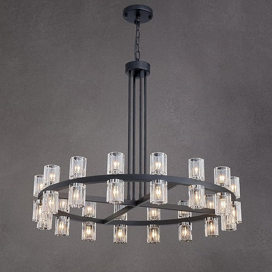 36" Black Wagon Wheel Crystal Chandelier for Dining Room Over Table, Modern Round K9 Crystal Ceiling Chandelier Pendant Light Ideal for Living Room Entryway Foyer