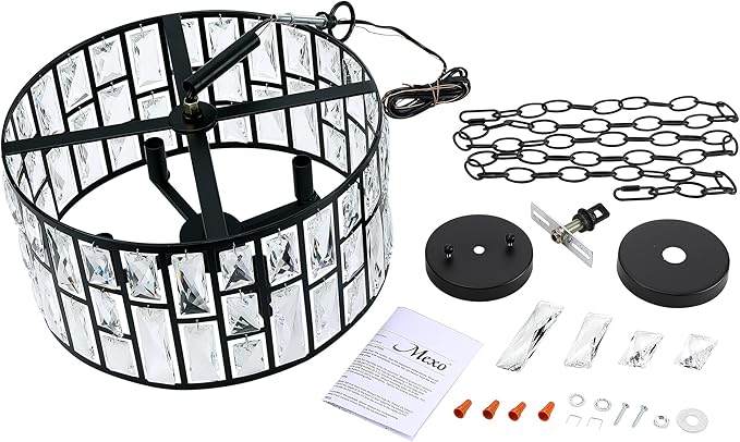 MEXO Farmhouse Crystal Convertible Chandelier and Semi Flush Mount Lighting Black Cylinder Drum Shade Pendant for Kitchen Island Dining Room Bedroom Hallway