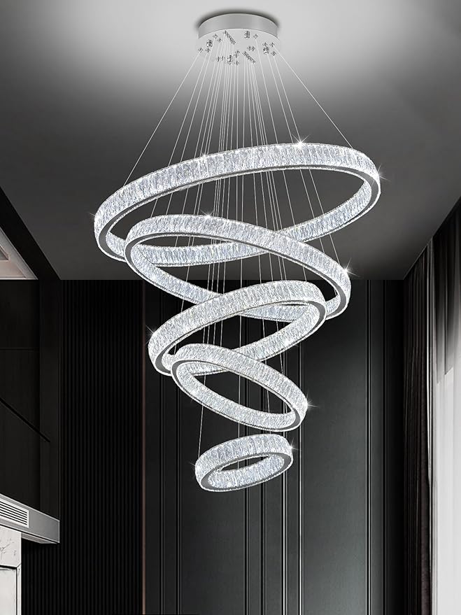 Extra Large 5 Ring Crystal Chandelier High Ceiling Chandeliers for Foyer,Modern Luxury Crystal Ring Chandelier Dimmable Led Ceiling Lighting for Staircase Villa D8''+15.7"+23.6"+31.5"+39.4"