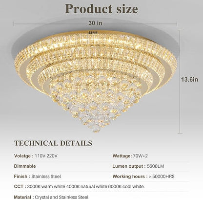 Miuyhji Large LED Crystal Raindrop Ceiling Light,Rose Gold, 30" Elegant Semi Flush Mount Chandelier Light Fixture with Remote Control for Living Room Kitchen Bedroom Hallway Entryway Foyer(Dimmable)