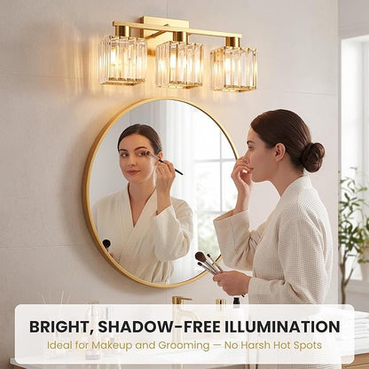 Crystal Bathroom Light Fixtures, 3-Light Brushed Gold, Vanity Lights for Bathroom Over Mirror, Modern Bath Wall Sconce for Mirror Bedroom Living Room