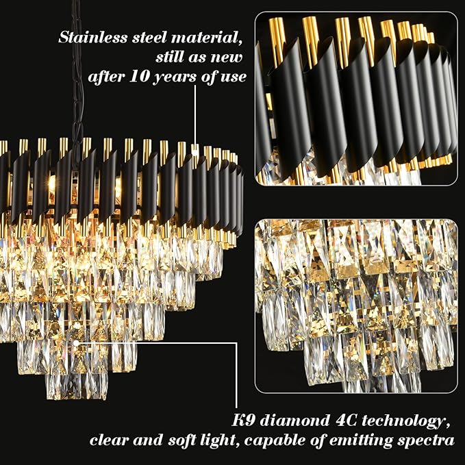 Gold Modern Crystal Chandelier 5-Tier Round Living Room Chandelier Light Fixture Black Large Crystal Chandeliers Pendant Ceiling Light Fixture for Dining Room Bedroom Entryway Staircase Foyer W24in