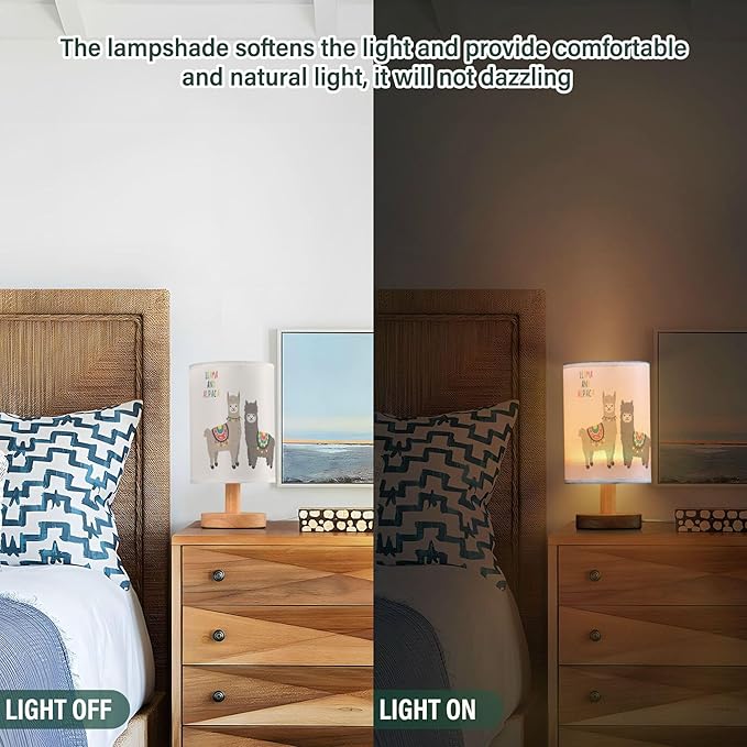 Cute Llama Alpaca Funny Smile Animal Table Lamp with Wood Base Fabric Lamp Shade Bedside Nightstand Desk Lamp for Living Room Bedroom Kids Room Office