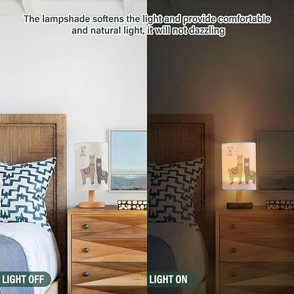Cute Llama Alpaca Funny Smile Animal Table Lamp with Wood Base Fabric Lamp Shade Bedside Nightstand Desk Lamp for Living Room Bedroom Kids Room Office