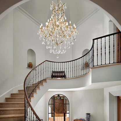 24 Lights Large Crystal Chandeliers for High Ceilings Brass Maria Theresa Chandelier Modern Chandelier Light Fixture for Foyer Living Room Hallway Entryway Staircase 55.1" H x 39.4" D