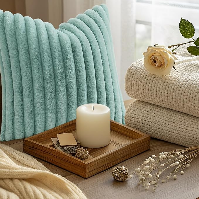 decorUhome Summer Cozy Faux Fur Throw Pillow Covers 12x20 Set of 2 Decorative Soft Plush Striped Lumbar Modern Farmhouse Boho Couch Pillow Cases with Velvet Back for Sofa Bed Living Room, Aqua