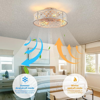 20" Caged Ceiling Fans with Lights Flush Mount Ceiling Fan with Remote,Small Black Low Profile Bladeless Ceiling Fan Light Fixture for Bedroom, Kitchen, Dining Room 4 bulbs Included,6 Speeds