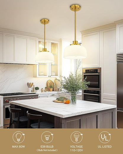 Emak Brushed Gold Pendant Lights Kitchen Island, 10 Inch Large Milk Glass Pendant Light Fixtures, Modern Hanging Lights for Kitchen Island, Dining Room, Bedroom, Bathroom, PL131-BGD-ML