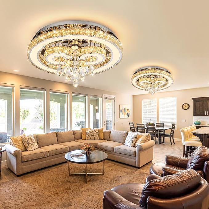 HAIXIANG Modern Glam Chandelier LED Crystal Light Interior Luxury Ceiling Chandeliers Remote Dimmable Lights Fixture 24 Inches Silver Light