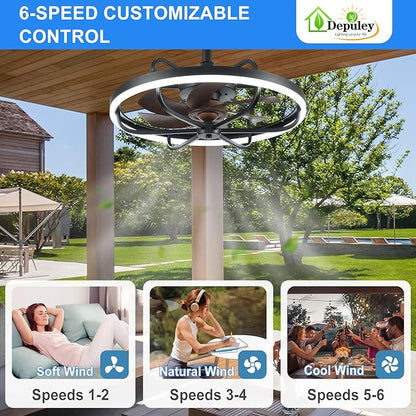 Depuley 20" Outdoor Ceiling Fan with Lights, Walnut and Black Waterproof Gazebo Hanging Fan with Remote App Control, Dimmable Plug in Caged Outdoor Ceiling Fans for patios Porch 6-Speeds