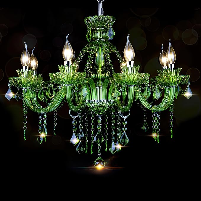 Bagood 8 Lights Green K9 Crystal Candle Chandeliers Lighting Modern Pendant Lights Candle Chandelier Lighting for Dining Living Room Bedroom Entry Elegant Decoration E12 Base, H22.8 x W27.2 Inch