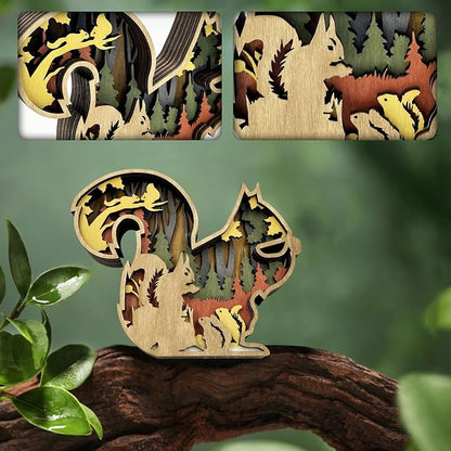 3D Wooden Carving Animals Lamp - Creative Fox Squirrel Wood Carved LED Night Light Garden Yard Wooden Animals Sculpture Ornaments Desktop Home Decor Birthday Gifts for Family Friend (Squirrel)