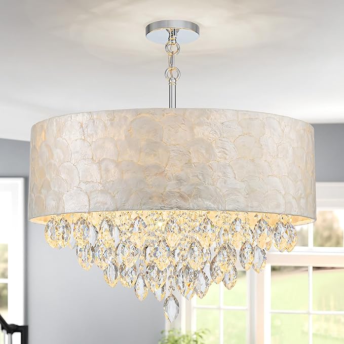 X-Large 6-Light Drum Capiz Shell K9 Crystal Chandelier, Coastal Style Pendant Light Fixture for Dining Room, Living Room, D24 * H24~70 inch (Adjustable), Clear Crystal & Chrome Finish