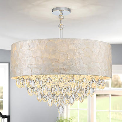 X-Large 6-Light Drum Capiz Shell K9 Crystal Chandelier, Coastal Style Pendant Light Fixture for Dining Room, Living Room, D24 * H24~70 inch (Adjustable), Clear Crystal & Chrome Finish