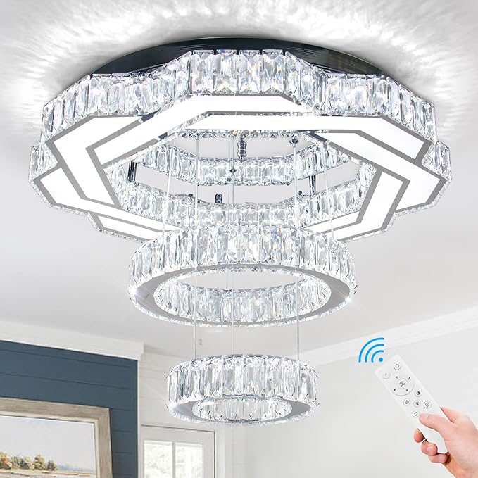22.5" Crystal Chandeliers Living Room Modern Crystal Ceiling Light with Remote LED Ring Round Pendant Light Flush Mount Chandelier for Bedroom Dining Room Entryway Dimmable