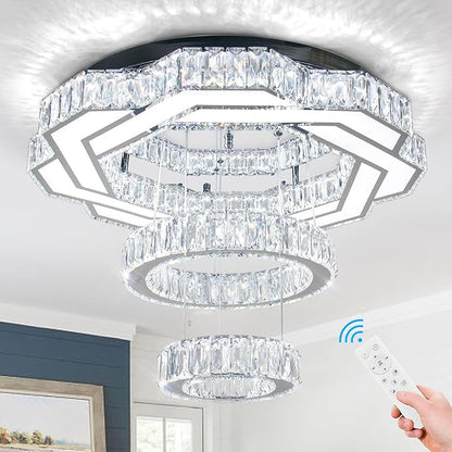 22.5" Crystal Chandeliers Living Room Modern Crystal Ceiling Light with Remote LED Ring Round Pendant Light Flush Mount Chandelier for Bedroom Dining Room Entryway Dimmable