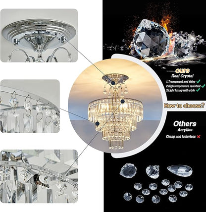 CVKASH 5 -Lights Crystal Chrome Chandelier Antique Modern Semi Flush Mount Ceiling Light Fixture Ceiling Lamp for Dining Room Kitchen Bedroom Living Room Hallway with E12