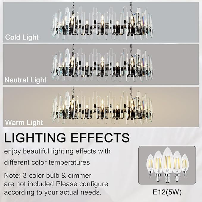 54" Black Rectangular Chandelier, 24-Light Modern Crystal Chandelier for Dining Room, Kitchen Island, Living Room, Luxury K9 Crystal Adjustable Chain Chandelier Light Fixture