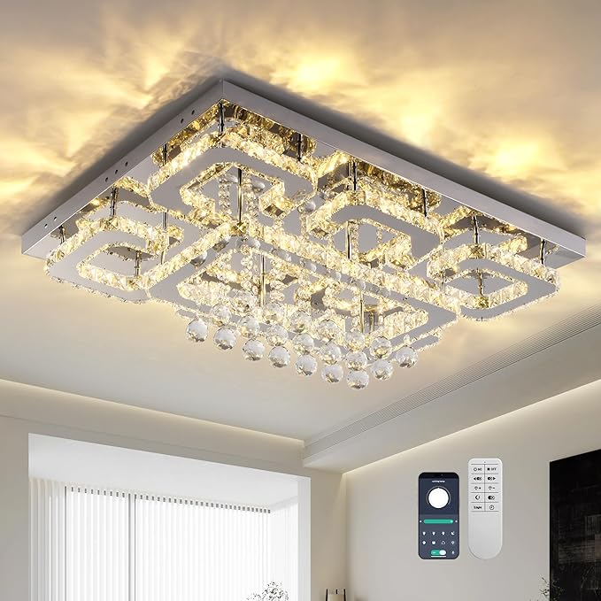 32 inch Flush Mount Chandelier Crystal Ceiling Light with Remote Control/APP,3CCT Dimmable&Brightness Adjustable, Modern Crystal Raindrop Silver Chandeliers for Bedroom Hallway Dinning Room LivingRoom