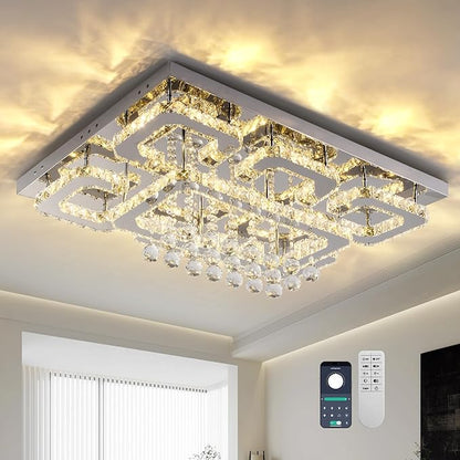 32 inch Flush Mount Chandelier Crystal Ceiling Light with Remote Control/APP,3CCT Dimmable&Brightness Adjustable, Modern Crystal Raindrop Silver Chandeliers for Bedroom Hallway Dinning Room LivingRoom