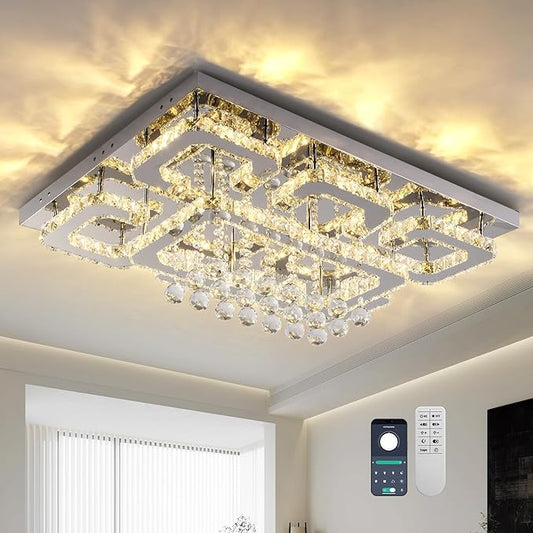 32 inch Flush Mount Chandelier Crystal Ceiling Light with Remote Control/APP,3CCT Dimmable&Brightness Adjustable, Modern Crystal Raindrop Silver Chandeliers for Bedroom Hallway Dinning Room LivingRoom