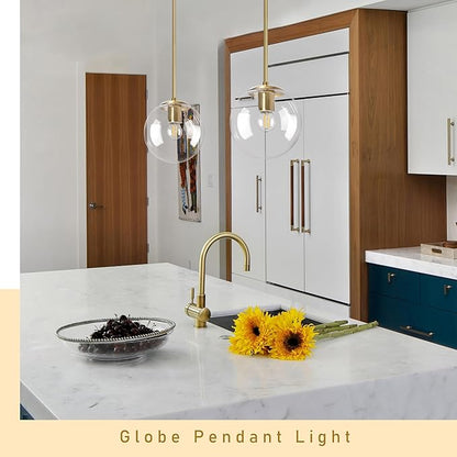 Bagood 8" Globe Pendant Light Gold Mid Century Modern Light Fixture Clear Glass Pendant Lights Kitchen Island Modern Pendant Lights Brushed Brass Finished with Clear Glass Lampshade for Bedroom