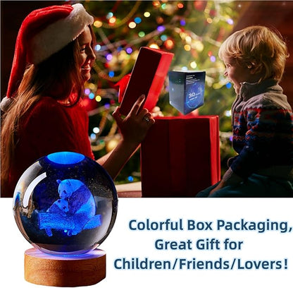 Crystal Ball Panda Family Night Light, 3.15 Inch K9 Crystal Glass Ball, 16 Color Change with Remote Control, Wooden Base Table Lamp, Birthday &