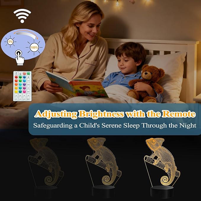 Chameleon Night Light, Lizard Gifts, 3D Illusion Lamp with Remote Control, 16 RGB Colors, 4 Flashing Modes, Timer, Dimmable, Chameleon Toy Accessories for Holiday Birthday Christmas