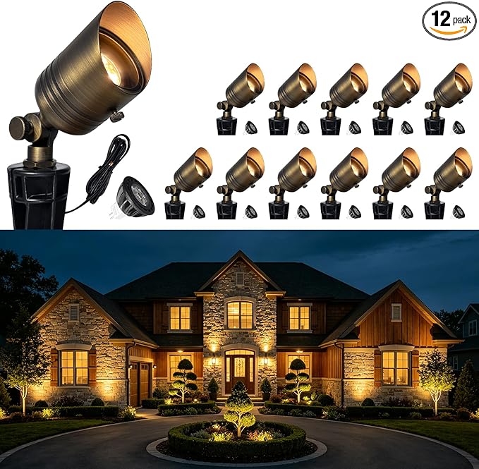 COLOER Brass Outdoor Spotlights, 12V LED Low Voltage Landscape Lighting with 5W 2700K Aluminum MR16 Bulb, IP65 Waterproof Landscape Spot Lights for Yard,Garden,Lawn,Tree, Small Size (12)