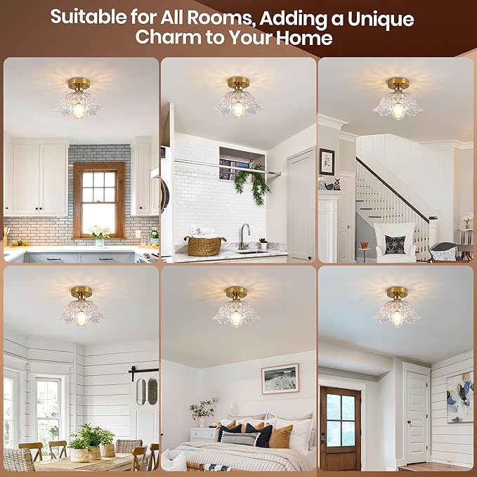 Vintage Flush Mount Ceiling Light with Clear Embossed Glass Shade, Brass Finish Ceiling Light Fixture, Semi Flush Mount Ceiling Light for Hallway Bedroom Entryway.Bulbs Not Included