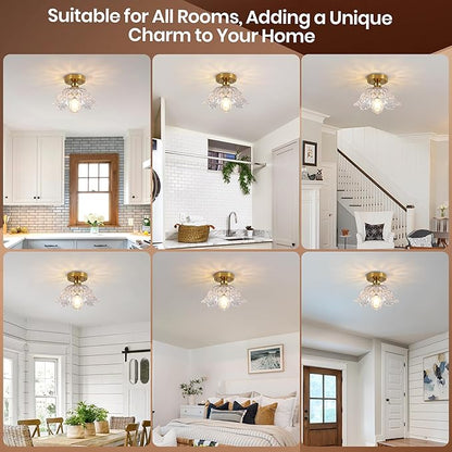 Vintage Flush Mount Ceiling Light with Clear Embossed Glass Shade, Brass Finish Ceiling Light Fixture, Semi Flush Mount Ceiling Light for Hallway Bedroom Entryway.Bulbs Not Included