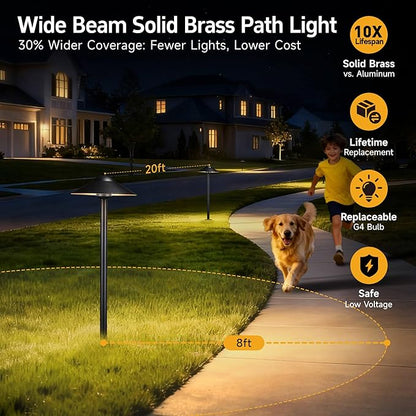 Gardenreet Low Voltage Landscape Light Brass (9" Shade, 23.5" Tall) - 12v Pathway LED Lights Waterproof, Hardwired Path Lighting Outdoor, Black for Exterior Patio Garden Without G4 Bulb (4 Pack)