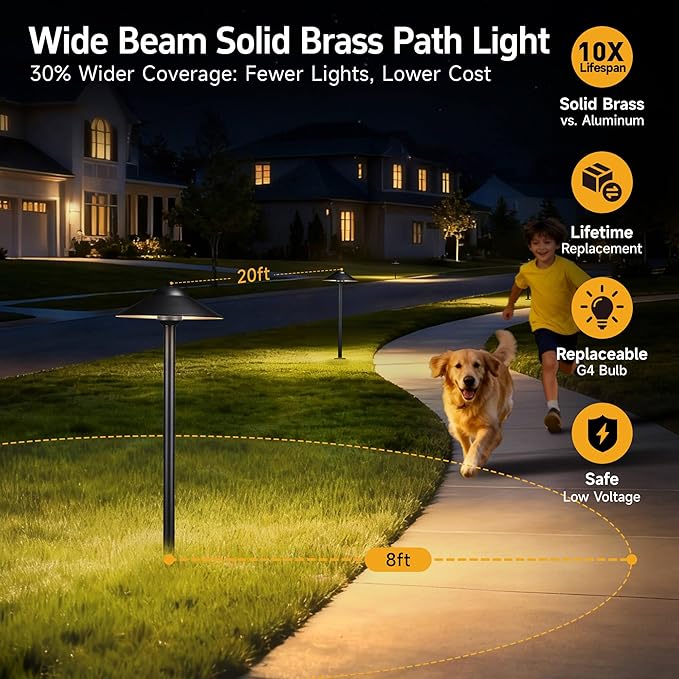 Gardenreet Landscape Path Lights Low Voltage (9" Shade) - Brass Outdoor Walkway Light LED 12V, Wired Pathway Area Lighting IP65 Waterproof, Black for Exterior Yard House Without G4 Bulb (6 Pack)