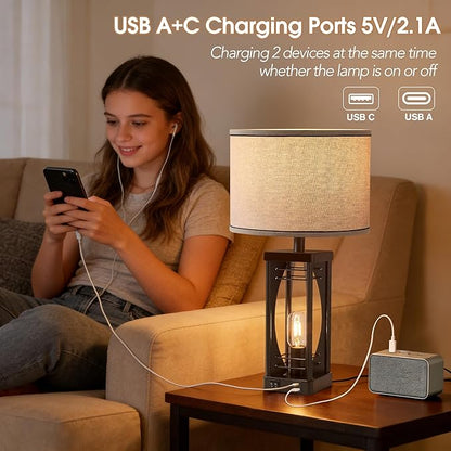 SRJJA Farmhouse Table Lamps Set of 2 for Living Room, Rustic Nightstand Lamps with USB A+C Charging Ports, 22.5" Dual Light Industrial Bedside Lamp with Linen Shade for Bedroom End Tables