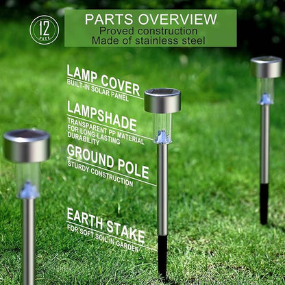 Dream Master Solar Lights Outdoor Waterproof, Stainless Steel LED Landscape Lighting, Solar Garden Lights, Outdoor Decorations for Yard, Pathway, Walkway, Patio, Lawn - 12 Pack (Cold White)