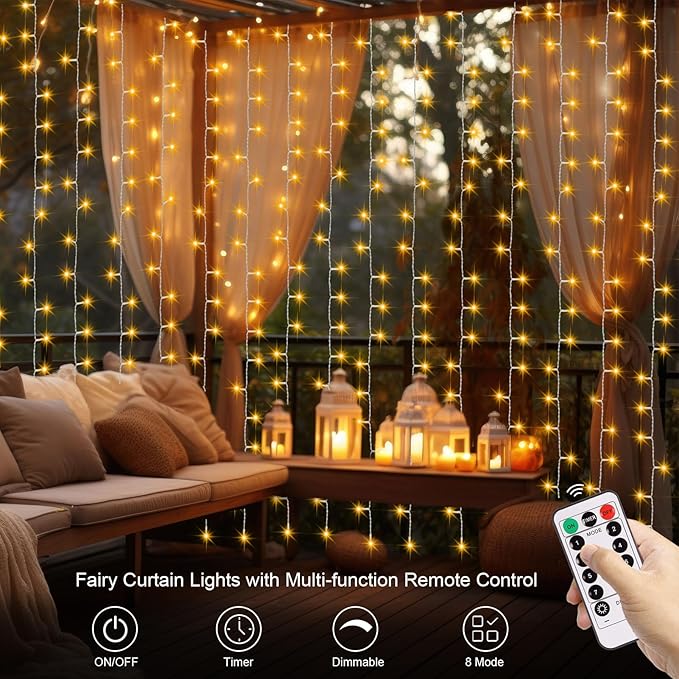Battery Operated Curtain Lights,9.8ft×9.8ft 300 LED Curtain Lights with Remote Timer 8 Modes, Waterproof Hanging Fairy Lights for Outdoor Indoor Wedding Christmas Decor (Warm White)