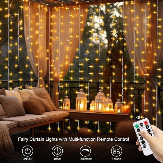 Battery Operated Curtain Lights,9.8ft×9.8ft 300 LED Curtain Lights with Remote Timer 8 Modes, Waterproof Hanging Fairy Lights for Outdoor Indoor Wedding Christmas Decor (Warm White)