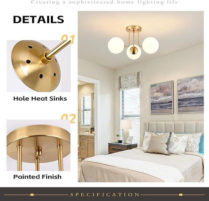 KoKo&Yukina 3-Light Semi Flush Mount Ceiling Light Globe Ceiling Light Mid Century Ceiling Light with Opal Milk Glass Globe & Brushed Brass for Bedroom Hallway Entryway Kitchen Living Room-Bulb Incl