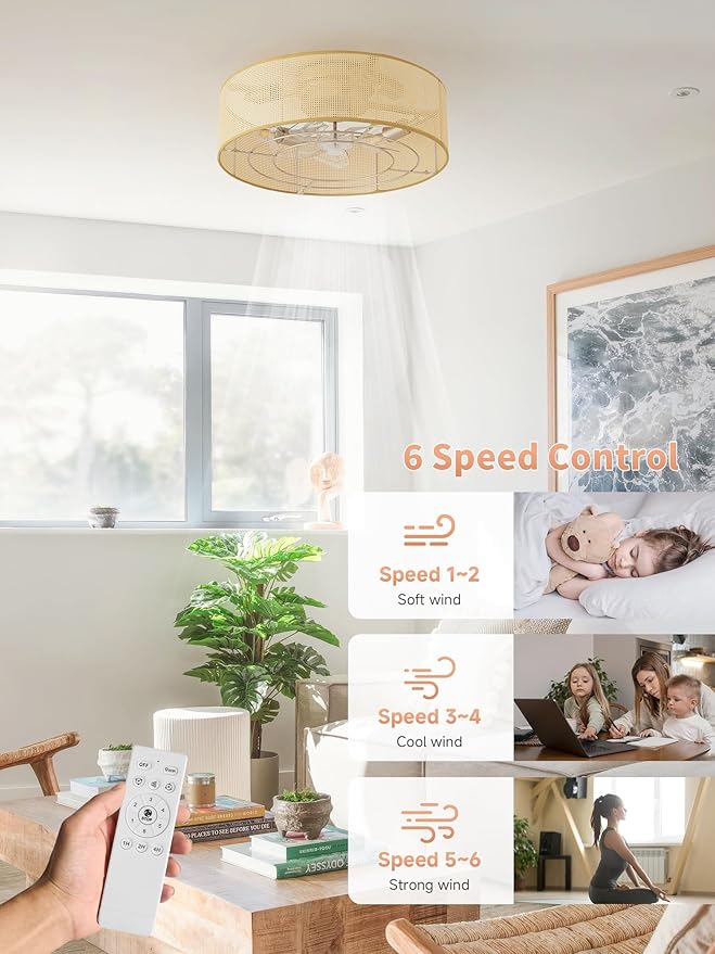 Ceiling Fans with Lights Flush Mount, 20" Rattan Boho Ceiling Fan with Light, Low rofile with 6 Speeds, Remote Control for Bedroom, Nursery, Living Room