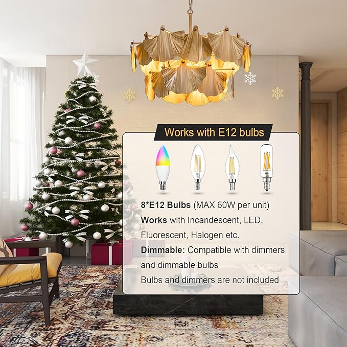 TOCHIC Gold Vintage Chandelier, 8 Lights Rustic Chandeliers for Dining Room, Modern Farmhouse Chandelier with Ginkgo Leaves, Ceiling Light Fixture for Living Room Bedroom Entryway W-25.98"