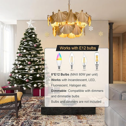 TOCHIC Gold Vintage Chandelier, 8 Lights Rustic Chandeliers for Dining Room, Modern Farmhouse Chandelier with Ginkgo Leaves, Ceiling Light Fixture for Living Room Bedroom Entryway W-25.98"