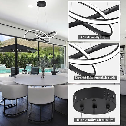 LED Chandelier Modern Pendant Light Contemporary Chandelier Ring Light Fixture Black with 3000K-6000K Dimmable Remote Control and 79in Height Adjustable for Dining Room Bedroom Living Room